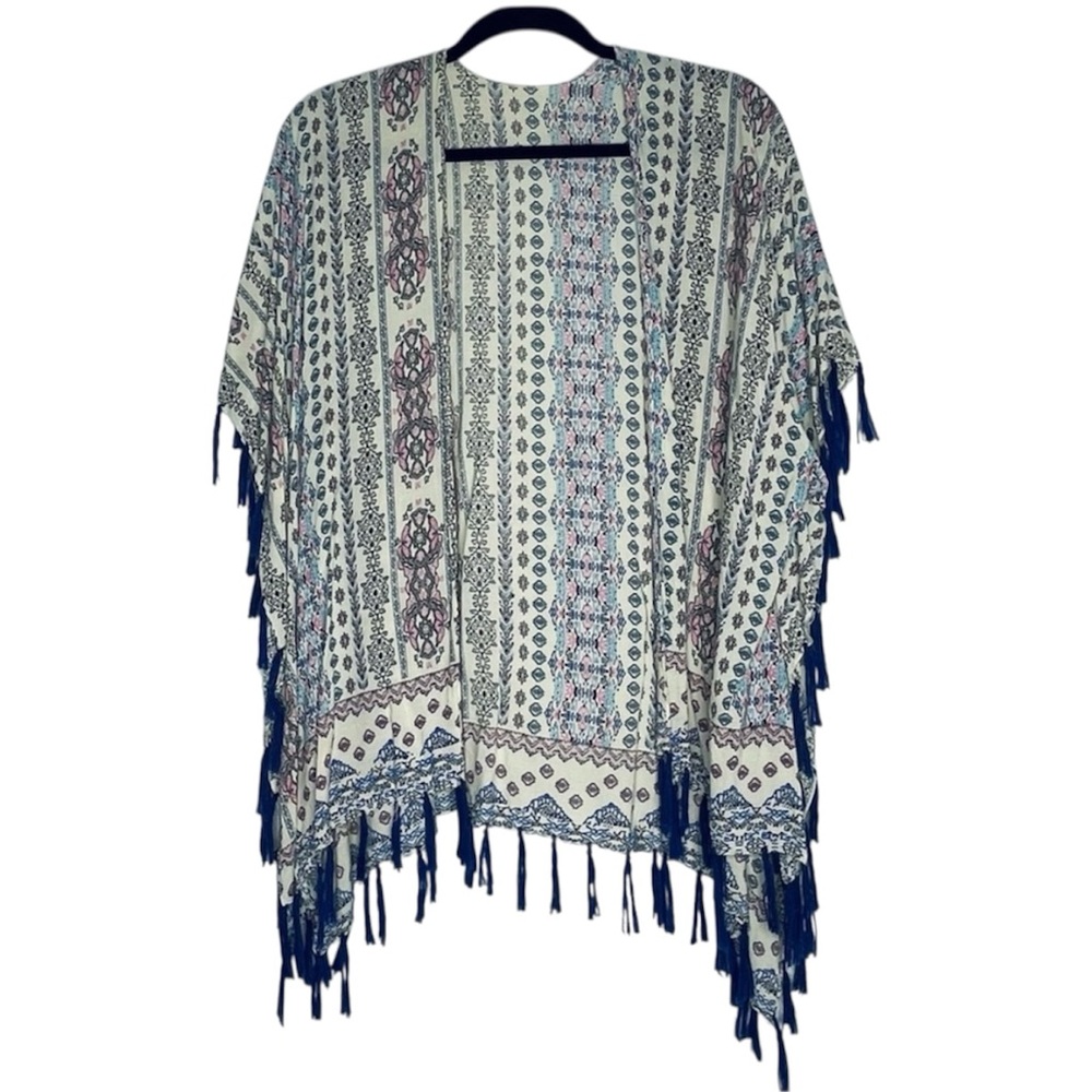 Cream Boho Geometric Tribal Print Kimono with Pink & Blue and blue tassels O/S